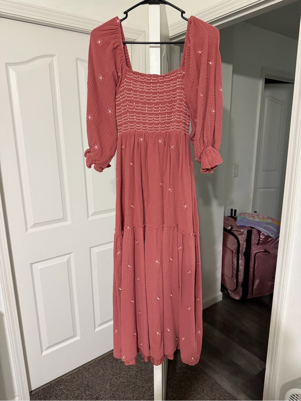 Pink Lily Dusty Rose Smocked Maxi Dress with Star Embroidery